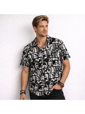 Social Collision Skull Skeleton Print Button Up Shirt Black White Rayon XL Goth